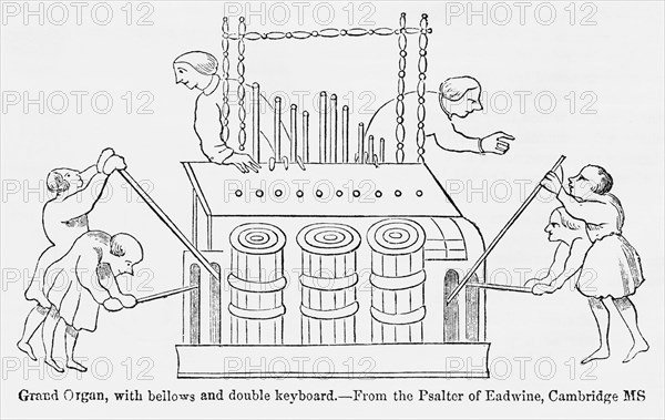 Grand Organ, with Bellows and Double Keyboard, From the Psalter of Eadwine, Cambridge Manuscript, Illustration from John Cassell's Illustrated History of England, Vol. I from the earliest period to the reign of Edward the Fourth, Cassell, Petter and Galpin, 1857