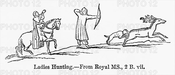 Ladies Hunting, from Royal MS., 2 B. vii, Illustration from John Cassell's Illustrated History of England, Vol. I from the earliest period to the reign of Edward the Fourth, Cassell, Petter and Galpin, 1857