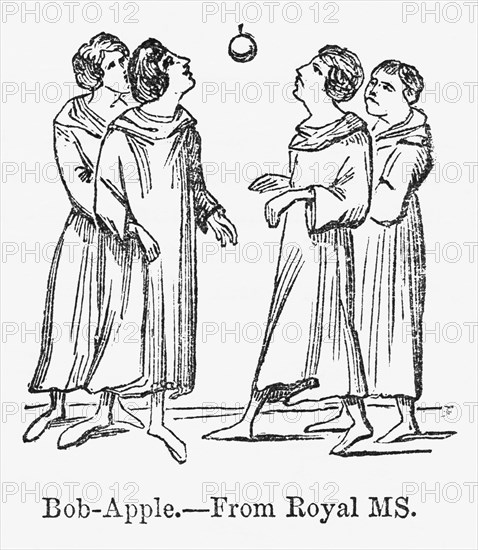 Bob-Apple, from Royal MS, Small Group of Men Bobbing for an Apple, Illustration from John Cassell's Illustrated History of England, Vol. I from the earliest period to the reign of Edward the Fourth, Cassell, Petter and Galpin, 1857