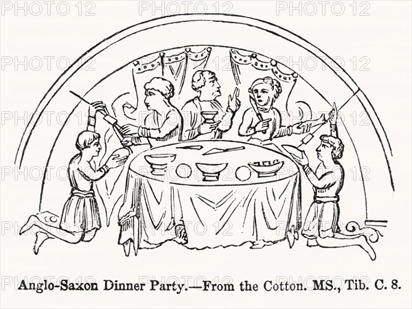 Anglo-Saxon Dinner Party, from the Cotton, MS., Tib. C. 8, Illustration from John Cassell's Illustrated History of England, Vol. I from the earliest period to the reign of Edward the Fourth, Cassell, Petter and Galpin, 1857