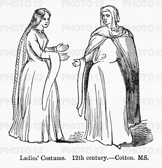 Ladies’ Costume, 12 century, Cotton MS, Illustration from John Cassell's Illustrated History of England, Vol. I from the earliest period to the reign of Edward the Fourth, Cassell, Petter and Galpin, 1857