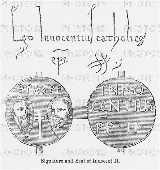 Signature and Seal of Innocent II, Illustration from John Cassell's Illustrated History of England, Vol. I from the earliest period to the reign of Edward the Fourth, Cassell, Petter and Galpin, 1857