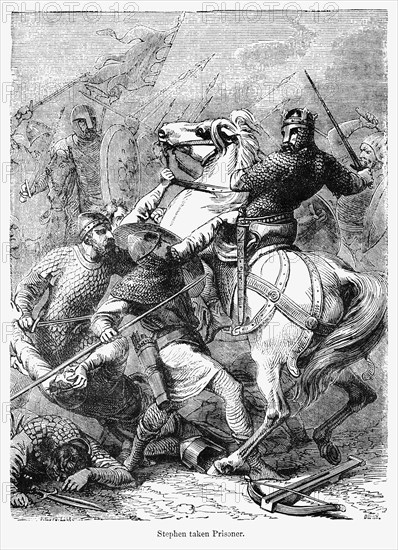 Stephen taken Prisoner, King Stephen I of England taken Prisoner by Robert of Gloucester, Illustration from John Cassell's Illustrated History of England, Vol. I from the earliest period to the reign of Edward the Fourth, Cassell, Petter and Galpin, 1857