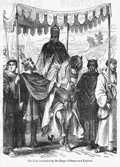 The Pope conducted by the Kings of France and England, Illustration from John Cassell's Illustrated History of England, Vol. I from the earliest period to the reign of Edward the Fourth, Cassell, Petter and Galpin, 1857