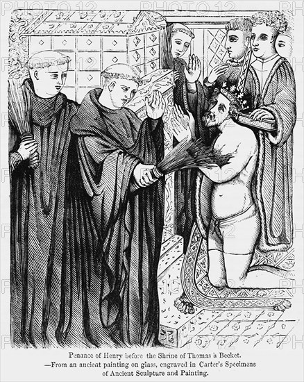 Penance of Henry before the Shrine of Thomas à Becket, From an ancient painting on glass, engraved in Carter’s Specimens of Ancient Sculpture and Painting, Illustration from John Cassell's Illustrated History of England, Vol. I from the earliest period to the reign of Edward the Fourth, Cassell, Petter and Galpin, 1857