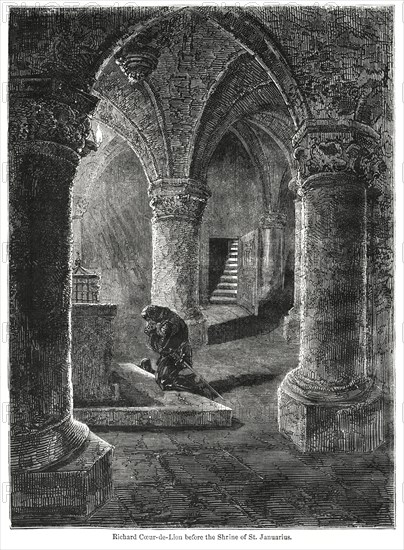 Richard Coeur de Lion before the shrine of St. Januarius, Illustration from John Cassell's Illustrated History of England, Vol. I from the earliest period to the reign of Edward the Fourth, Cassell, Petter and Galpin, 1857