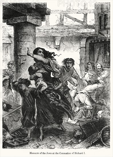 Massacre of the Jews at the Coronation of Richard I, Illustration from John Cassell's Illustrated History of England, Vol. I from the earliest period to the reign of Edward the Fourth, Cassell, Petter and Galpin, 1857