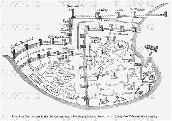 Plan of the Town of Acre in the 14th Century, from a Drawing by Martino Santo in the Twenty-Twenty-First Volume of the Archaeologia, Illustration from John Cassell's Illustrated History of England, Vol. I from the earliest period to the reign of Edward the Fourth, Cassell, Petter and Galpin, 1857