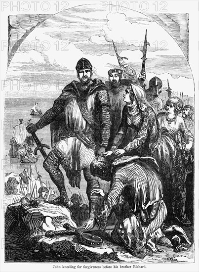John kneeling for forgiveness before his brother Richard, Illustration from John Cassell's Illustrated History of England, Vol. I from the earliest period to the reign of Edward the Fourth, Cassell, Petter and Galpin, 1857