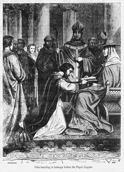 John kneeling in homage before the Pope’s Legate, Illustration from John Cassell's Illustrated History of England, Vol. I from the earliest period to the reign of Edward the Fourth, Cassell, Petter and Galpin, 1857