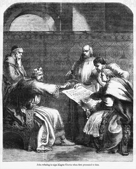 John refusing to sign Magna Charta when first presented to him, Illustration from John Cassell's Illustrated History of England, Vol. I from the earliest period to the reign of Edward the Fourth, Cassell, Petter and Galpin, 1857