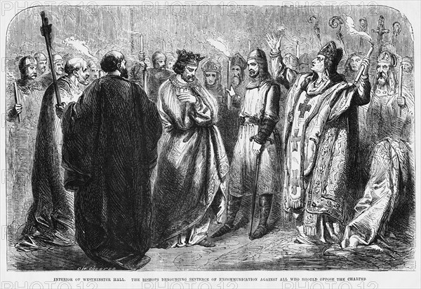 Interior of Westminster Hall, The Bishops Denouncing Sentence of Excommunication again all who should oppose the Charter, Illustration from John Cassell's Illustrated History of England, Vol. I from the earliest period to the reign of Edward the Fourth, Cassell, Petter and Galpin, 1857
