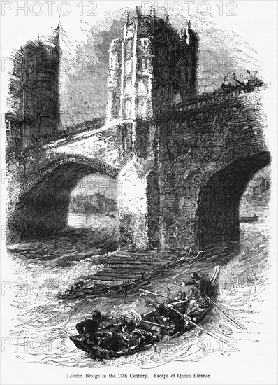 London Bridge in the 13th Century, Escape of Queen Eleanor, Illustration from John Cassell's Illustrated History of England, Vol. I from the earliest period to the reign of Edward the Fourth, Cassell, Petter and Galpin, 1857