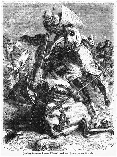 Combat between Prince Edward and the Baron Adam Gourdon, Illustration from John Cassell's Illustrated History of England, Vol. I from the earliest period to the reign of Edward the Fourth, Cassell, Petter and Galpin, 1857