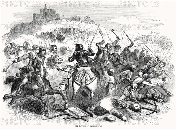 The Battle of Bannockburn, a Scottish victory by King of Scots Robert the Bruce against the army of King Edward II of England during the First War of Scottish Independence, 1314 Illustration from John Cassell's Illustrated History of England, Vol. I from the earliest period to the reign of Edward the Fourth, Cassell, Petter and Galpin, 1857