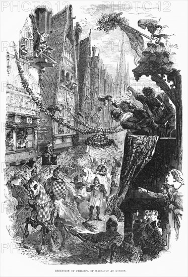 Reception of Philippa of Hainault at London, Wife of King Edward III, 1328, Illustration from John Cassell's Illustrated History of England, Vol. I from the earliest period to the reign of Edward the Fourth, Cassell, Petter and Galpin, 1857