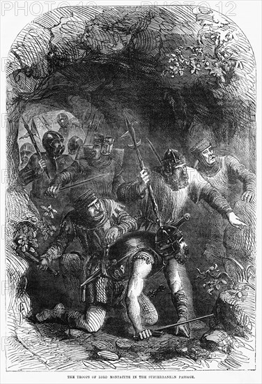 The troops of Lord Montacute in the Subterranean Passage, the Capture of Roger Mortimer, 1st Earl of March, by Edward III, Illustration from John Cassell's Illustrated History of England, Vol. I from the earliest period to the reign of Edward the Fourth, Cassell, Petter and Galpin, 1857