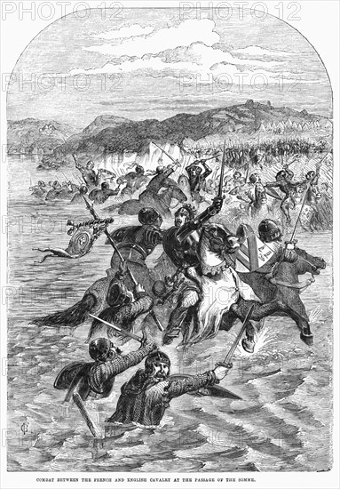 Combat Between the French and English Cavalry at the Passage of the Somme, Illustration from John Cassell's Illustrated History of England, Vol. I from the earliest period to the reign of Edward the Fourth, Cassell, Petter and Galpin, 1857