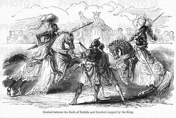 Combat between the Earls of Norfolk and Hereford stopped by the King, Illustration from John Cassell's Illustrated History of England, Vol. I from the earliest period to the reign of Edward the Fourth, Cassell, Petter and Galpin, 1857