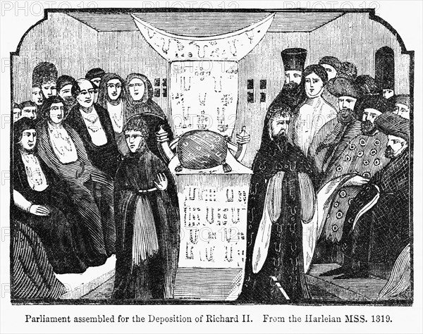 Parliament assembled for the Deposition of Richard II, From the Harleian Mss. 1319, Illustration from John Cassell's Illustrated History of England, Vol. I from the earliest period to the reign of Edward the Fourth, Cassell, Petter and Galpin, 1857
