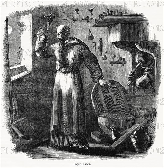 Roger Bacon, 13th century English philosopher and Franciscan friar, Illustration from John Cassell's Illustrated History of England, Vol. I from the earliest period to the reign of Edward the Fourth, Cassell, Petter and Galpin, 1857