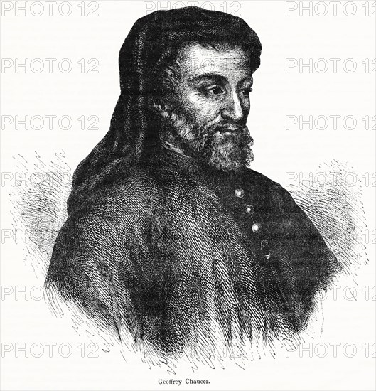 Geoffrey Chaucer, English Poet and Author (1343-1400), Illustration from John Cassell's Illustrated History of England, Vol. I from the earliest period to the reign of Edward the Fourth, Cassell, Petter and Galpin, 1857