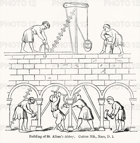 Building of St. Alban’s Abbey. Cotton MS., Nero, D.1, Illustration from John Cassell's Illustrated History of England, Vol. I from the earliest period to the reign of Edward the Fourth, Cassell, Petter and Galpin, 1857