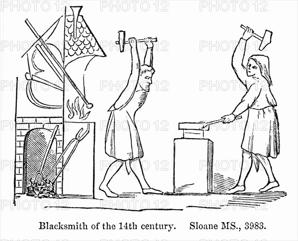 Blacksmith of the 14th Century, Sloane MS., 3983, Illustration from John Cassell's Illustrated History of England, Vol. I from the earliest period to the reign of Edward the Fourth, Cassell, Petter and Galpin, 1857