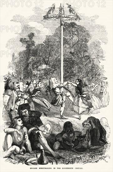 English Merrymaking in the Fourteenth Century, Dancing around Maypole, Illustration from John Cassell's Illustrated History of England, Vol. I from the earliest period to the reign of Edward the Fourth, Cassell, Petter and Galpin, 1857