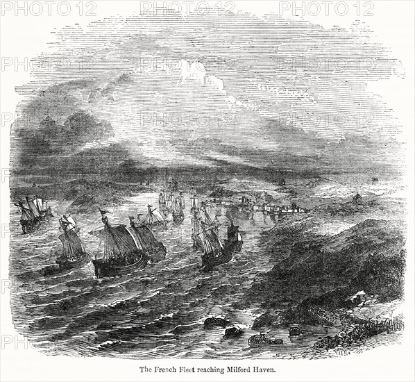 The French Fleet reaching Milford Haven, Illustration from John Cassell's Illustrated History of England, Vol. I from the earliest period to the reign of Edward the Fourth, Cassell, Petter and Galpin, 1857