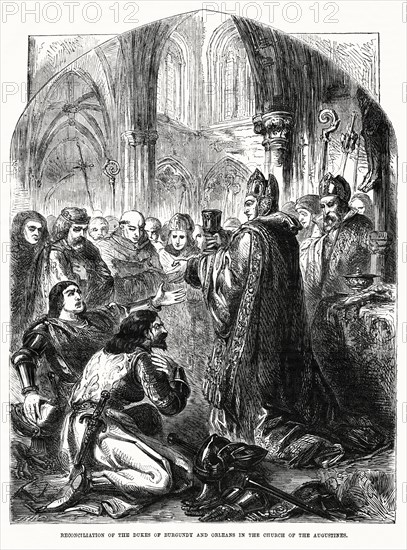 Reconciliation of the Dukes of Burgundy and Orleans in the Church of the Augustines, Illustration from John Cassell's Illustrated History of England, Vol. I from the earliest period to the reign of Edward the Fourth, Cassell, Petter and Galpin, 1857
