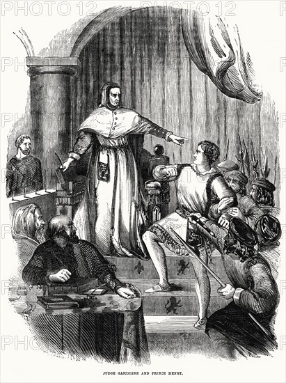 Judge Gascoigne and Prince Henry, Illustration from John Cassell's Illustrated History of England, Vol. I from the earliest period to the reign of Edward the Fourth, Cassell, Petter and Galpin, 1857