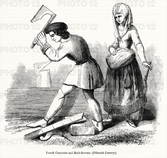 French Carpenter and Maid-Servant (Fifteenth Century), Illustration from John Cassell's Illustrated History of England, Vol. I from the earliest period to the reign of Edward the Fourth, Cassell, Petter and Galpin, 1857
