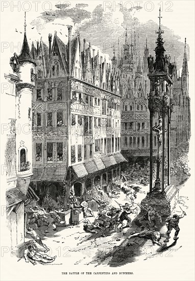 The Battle of the Carpenters and Butchers, Illustration from John Cassell's Illustrated History of England, Vol. I from the earliest period to the reign of Edward the Fourth, Cassell, Petter and Galpin, 1857