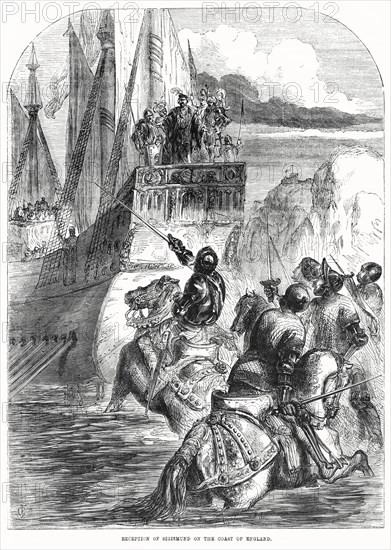 Reception of Sigismund on the Coast of England, Illustration from John Cassell's Illustrated History of England, Vol. I from the earliest period to the reign of Edward the Fourth, Cassell, Petter and Galpin, 1857