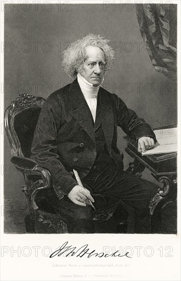 Sir John Frederick William Herschel, 1st Baronet (1792-1871), English Polymath who Invented the Blue Print, Three-Quarter Length Seated Portrait, Steel Engraving, Portrait Gallery of Eminent Men and Women of Europe and America by Evert A. Duyckinck, Published by Henry J. Johnson, Johnson, Wilson & Company, New York, 1873