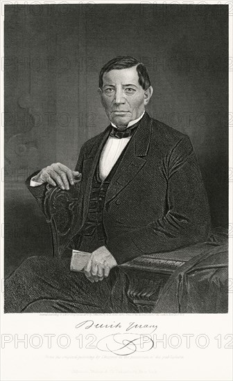 Benito Juarez (1806-72), President of Mexico 1858-72, Seated Portrait, Steel Engraving, Portrait Gallery of Eminent Men and Women of Europe and America by Evert A. Duyckinck, Published by Henry J. Johnson, Johnson, Wilson & Company, New York, 1873