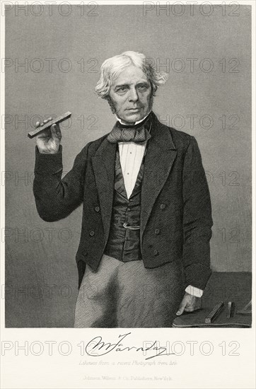 Michael Faraday (1791-1867), English Physicist and Chemist whose Experiments Contributed greatly to the Understanding of Electromagnetism, Three-Quarter Length Portrait, Steel Engraving, Portrait Gallery of Eminent Men and Women of Europe and America by Evert A. Duyckinck, Published by Henry J. Johnson, Johnson, Wilson & Company, New York, 1873