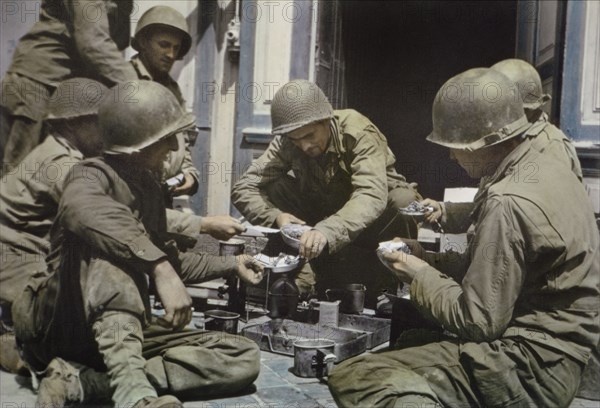 U.S. Army Soldiers eating from Mess Kits, Normandy, France, June 1944