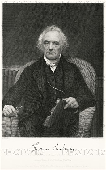 Thomas Chalmers (1780-1847), Scottish minister, professor of theology, political economist, and a leader of both the Church of Scotland and of the Free Church of Scotland, Head and Shoulders Portrait, Seated Portrait, Steel Engraving, Portrait Gallery of Eminent Men and Women of Europe and America by Evert A. Duyckinck, Published by Henry J. Johnson, Johnson, Wilson & Company, New York, 1873