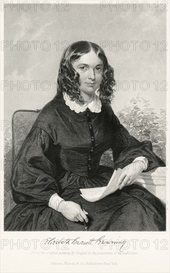 Elizabeth Barrett Browning (1806-61), Prominent English Poet, Seated Portrait, Steel Engraving, Portrait Gallery of Eminent Men and Women of Europe and America by Evert A. Duyckinck, Published by Henry J. Johnson, Johnson, Wilson & Company, New York, 1873
