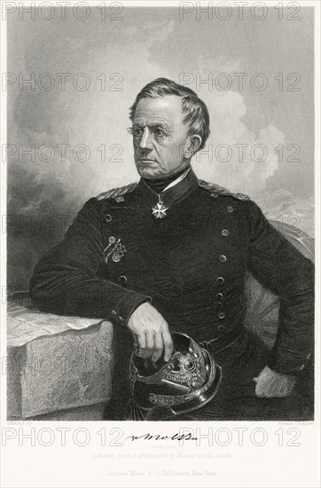 Helmuth von Moltke (1800-91), the Elder, Prussian Field Marshal and Chief of the German General Staff, Seated Portrait, Steel Engraving, Portrait Gallery of Eminent Men and Women of Europe and America by Evert A. Duyckinck, Published by Henry J. Johnson, Johnson, Wilson & Company, New York, 1873
