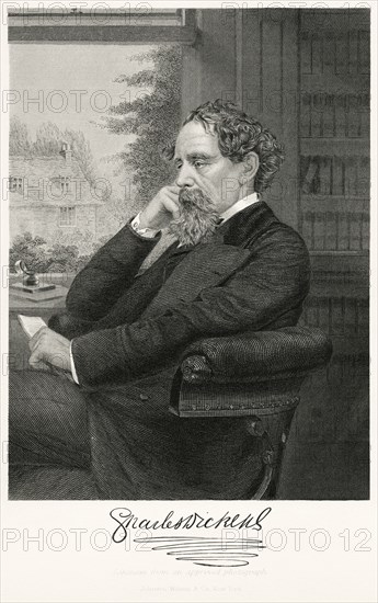 Charles Dickens (1812-70), English Writer, Seated Portrait, Steel Engraving, Portrait Gallery of Eminent Men and Women of Europe and America by Evert A. Duyckinck, Published by Henry J. Johnson, Johnson, Wilson & Company, New York, 1873
