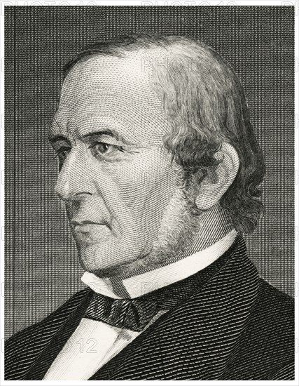 William Ewert Gladstone (1809-98), British Politician and Prime Minister spread over four terms beginning in 1868 and ending in 1894, Head and Shoulders Portrait, Steel Engraving, Portrait Gallery of Eminent Men and Women of Europe and America by Evert A. Duyckinck, Published by Henry J. Johnson, Johnson, Wilson & Company, New York, 1873