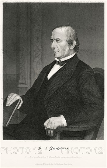 William Ewert Gladstone (1809-98), British Politician and Prime Minister spread over four terms beginning in 1868 and ending in 1894, Seated Portrait, Steel Engraving, Portrait Gallery of Eminent Men and Women of Europe and America by Evert A. Duyckinck, Published by Henry J. Johnson, Johnson, Wilson & Company, New York, 1873