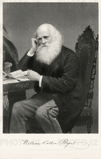 William Cullen Bryant (1794-1878), American Poet, Journalist and Editor of New York Evening Post, Seated Portrait, Steel Engraving, Portrait Gallery of Eminent Men and Women of Europe and America by Evert A. Duyckinck, Published by Henry J. Johnson, Johnson, Wilson & Company, New York, 1873