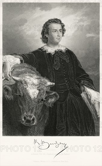 Rosa Bonheur (1822-1899), French Painter and Sculptor, Standing Portrait with Cow, Steel Engraving, Portrait Gallery of Eminent Men and Women of Europe and America by Evert A. Duyckinck, Published by Henry J. Johnson, Johnson, Wilson & Company, New York, 1873