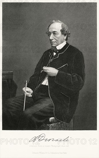 Benjamin Disraeli (1804-1881), British Politician and Prime Minister of the United Kingdom 1868-68, 1874-80, Seated Portrait, Steel Engraving, Portrait Gallery of Eminent Men and Women of Europe and America by Evert A. Duyckinck, Published by Henry J. Johnson, Johnson, Wilson & Company, New York, 1873