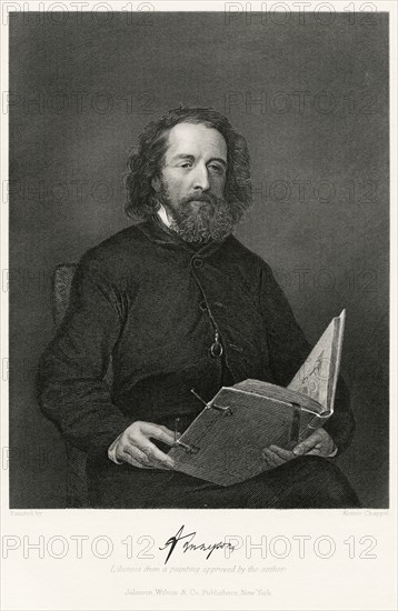 Alfred, Lord Tennyson (1809-92), English Poet,  Seated Portrait, Steel Engraving, Portrait Gallery of Eminent Men and Women of Europe and America by Evert A. Duyckinck, Published by Henry J. Johnson, Johnson, Wilson & Company, New York, 1873