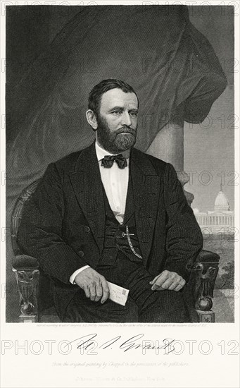 Ulysses S. Grant (1822-85), Commander of Union Armies during American Civil War and 18th President of the United States, Seated Portrait, Steel Engraving, Portrait Gallery of Eminent Men and Women of Europe and America by Evert A. Duyckinck, Published by Henry J. Johnson, Johnson, Wilson & Company, New York, 1873